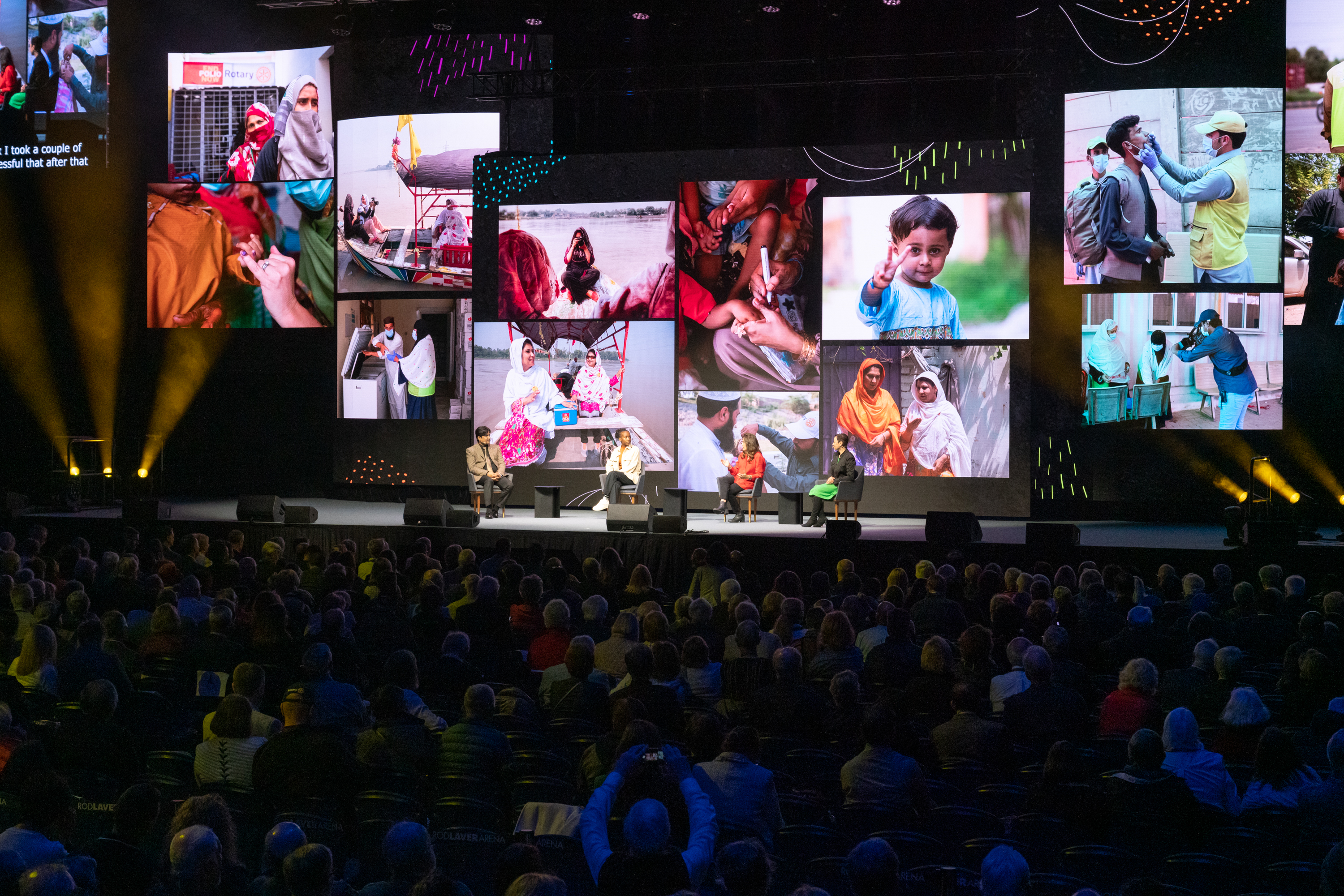 From left: Sana Ullah, Documentary Director of Photography; Esther Ruth Mbabazi, Documentary Photographer; Khaula Jamil, Freelance Documentary Photographer, Photojournalist, and Filmmaker; and Monika Lozinska, Photographer and Visual Storyteller speak during a panel discussion on The Power of Visual Imagery. General session 3. Rotary International Convention. 30 May 2023. Melbourne, Australia.